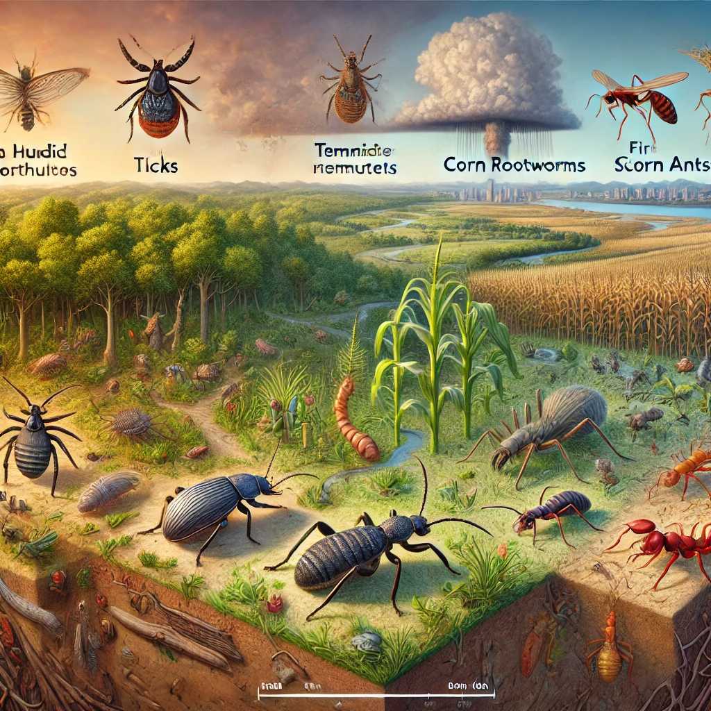 A realistic illustration showing the effects of climate change on pest migration across the U.S., with regional examples of pests such as ticks, mosquitoes, termites, stink bugs, fire ants, and scorpions in diverse environments.