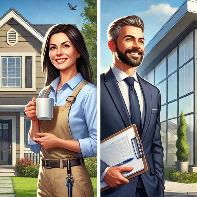 A two-panel illustration showing a happy homeowner in front of a suburban home and a professional business manager in front of a modern office building, representing ideal window cleaning customers.