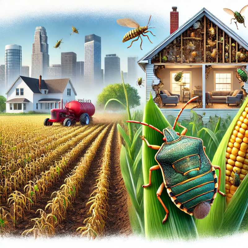 An illustration showing stink bugs invading a home and corn rootworms causing crop damage in the Midwest, emphasizing agricultural and residential impacts.