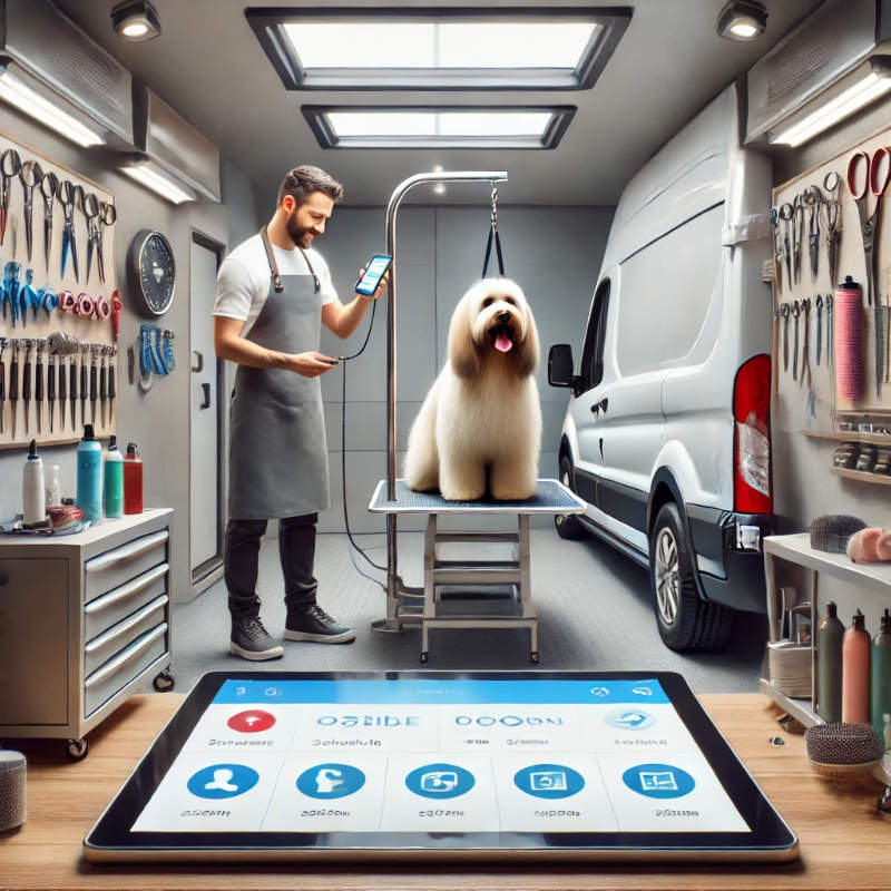 A mobile dog groomer using a tablet with a scheduling app inside a modern grooming van, with a happy dog on the grooming table and tools neatly organized.