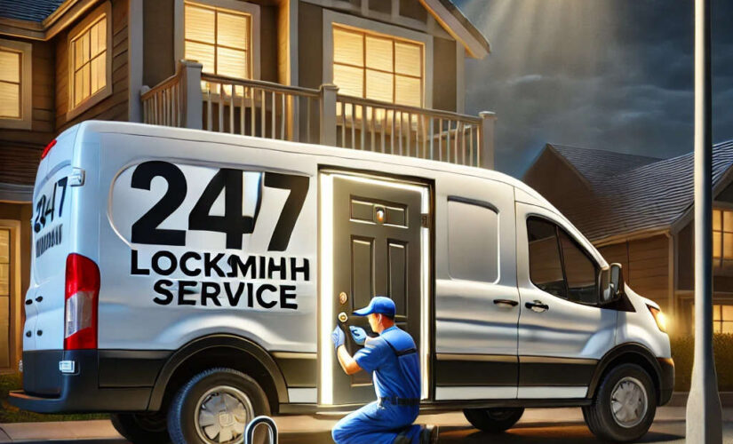 Illustration of a mobile locksmith working on a residential door at night, with a van displaying '24/7 Locksmith Service' illuminated under a streetlight.