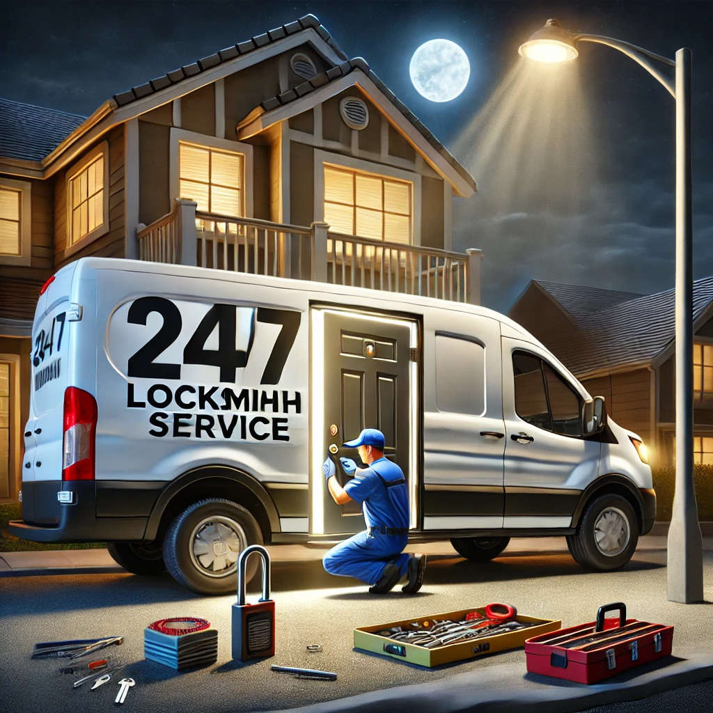 Illustration of a mobile locksmith working on a residential door at night, with a van displaying '24/7 Locksmith Service' illuminated under a streetlight.