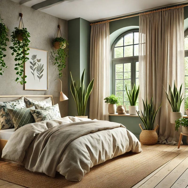 A realistic illustration of a tranquil biophilic bedroom with large windows, muted green walls, natural bedding, and indoor plants like snake plants and pothos.