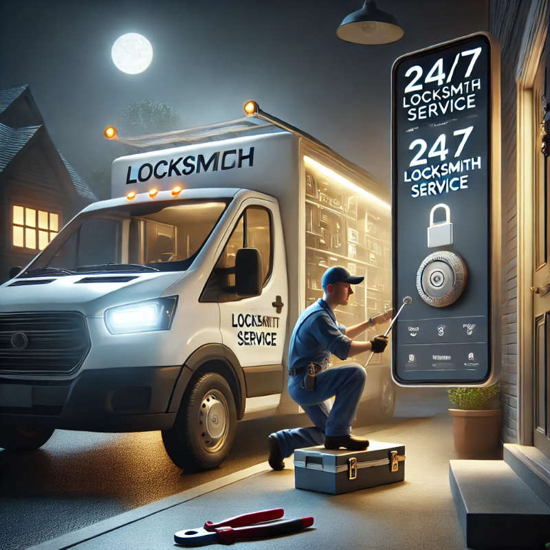 Illustration of a locksmith working on a smart lock at a home's front door during a late-night emergency, with a mobile locksmith van in the background.