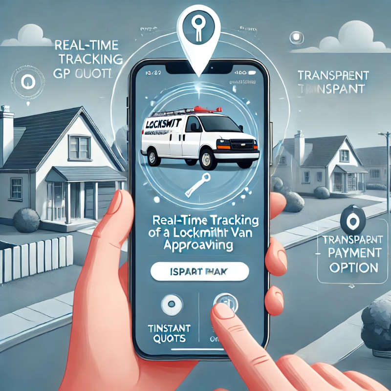 Illustration of a smartphone showing a locksmith app interface with GPS tracking, instant quotes, and secure payment options, while a locksmith van approaches a suburban home in the background.