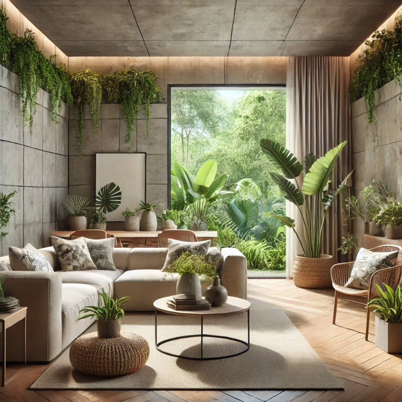 A realistic illustration of a modern living room designed with biophilic elements, including natural textures, indoor plants, and large open windows overlooking greenery.