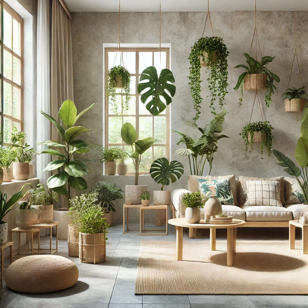 A realistic illustration of a biophilic-inspired indoor space featuring earthy tones, natural textures, indoor plants, and large windows letting in natural light.