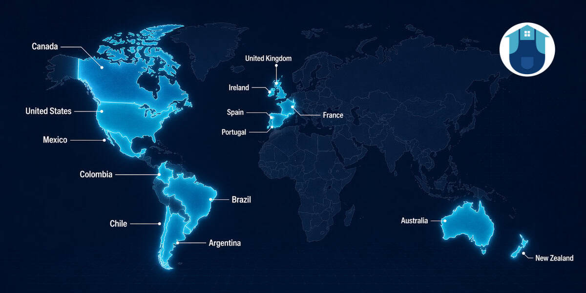 World map highlighting SendWork's international presence across multiple countries.