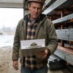 Contractor reviewing material costs at a supply warehouse with steel studs and copper pipe