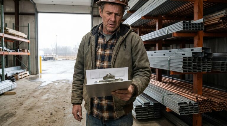 Contractor reviewing material costs at a supply warehouse with steel studs and copper pipe