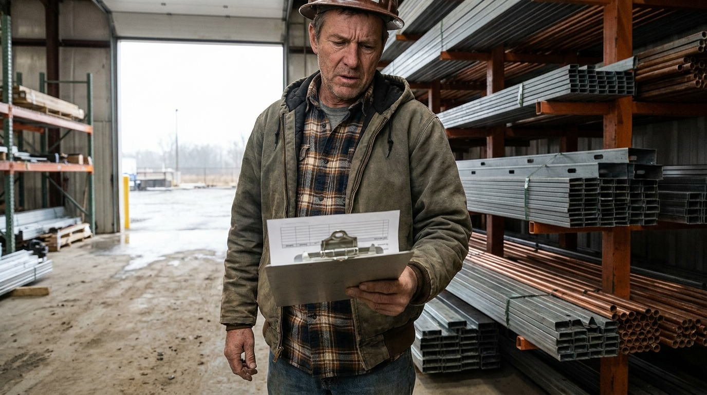 Contractor reviewing material costs at a supply warehouse with steel studs and copper pipe