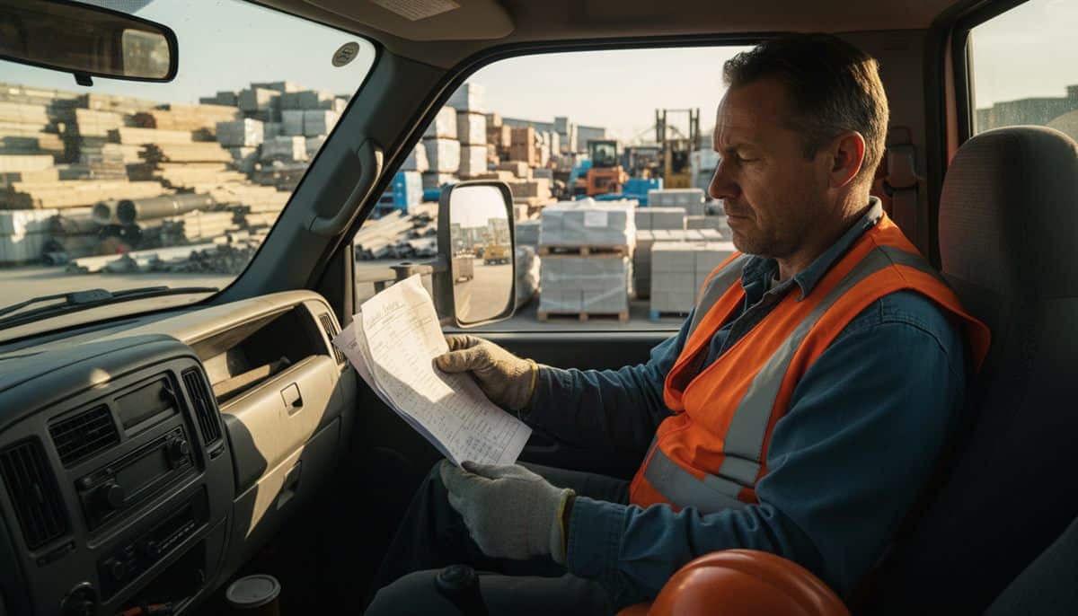 Contractor in hi-vis vest reviewing material price quote in work truck at construction supply yard – rising contractor material costs 2026