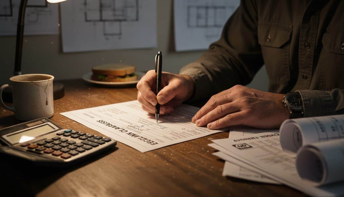 Contractor writing escalation clause on bid proposal form with calculator and material price sheets – protecting against contractor material costs 2026