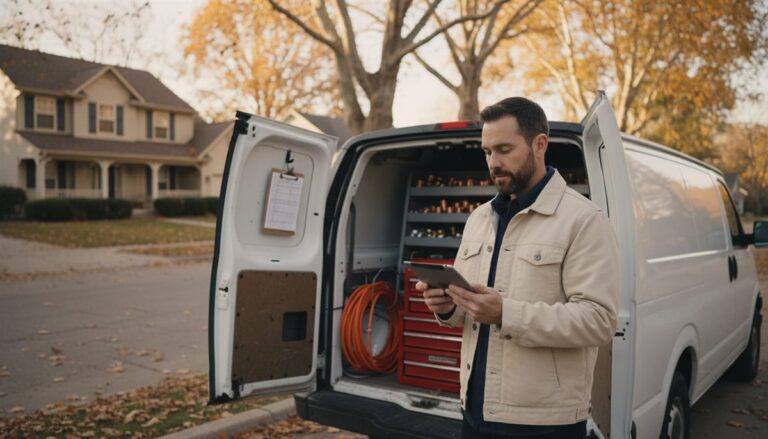 Plumbing business owner reviewing a service schedule on a tablet at the open back of a white service van during golden hour
