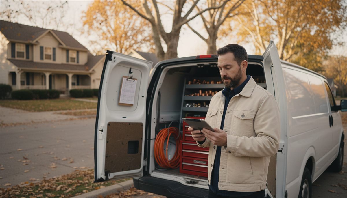 Plumbing business owner reviewing a service schedule on a tablet at the open back of a white service van during golden hour