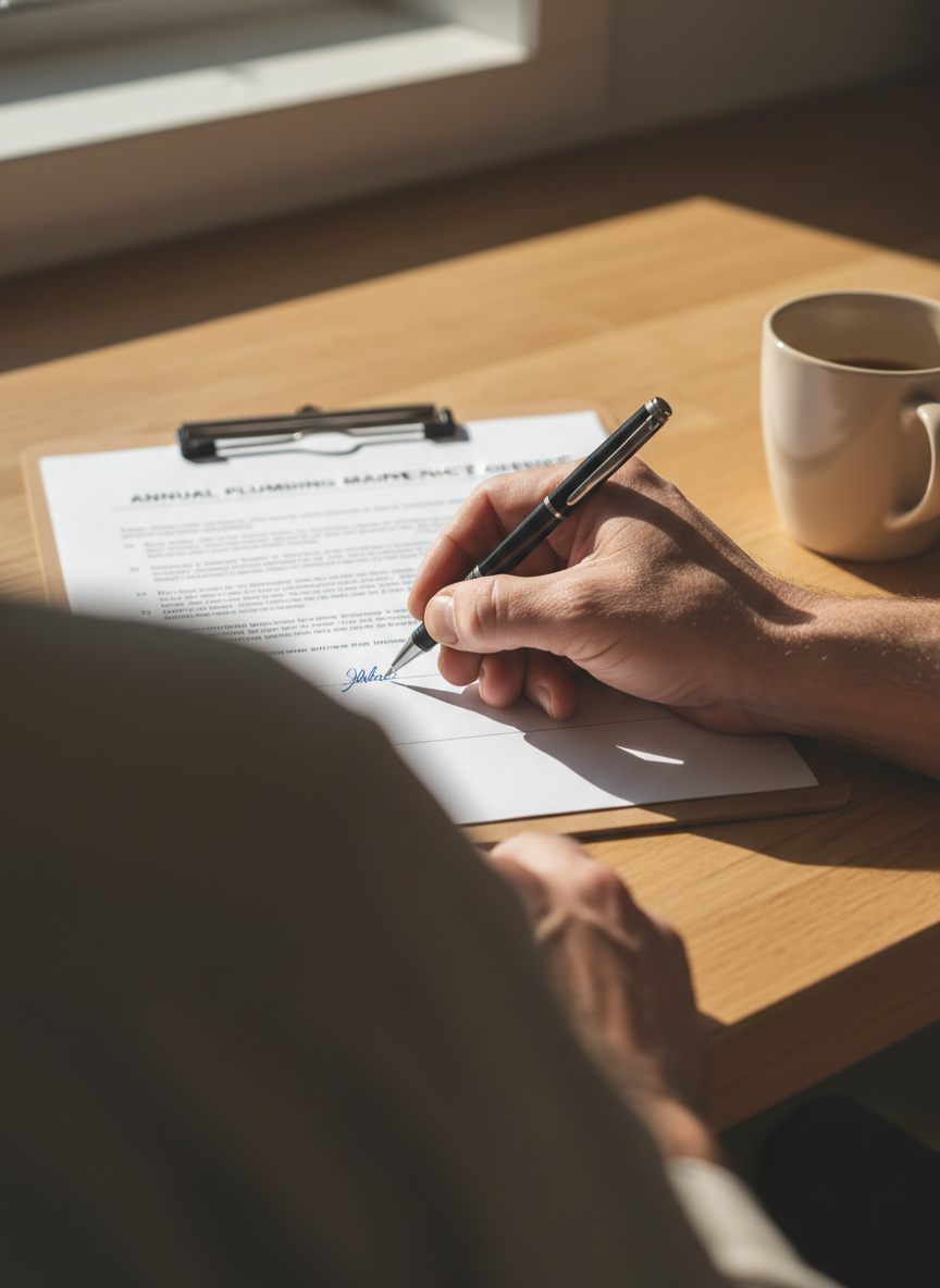 A plumber signs an annual plumbing maintenance agreement on a homeowner's kitchen counter while she holds a coffee mug