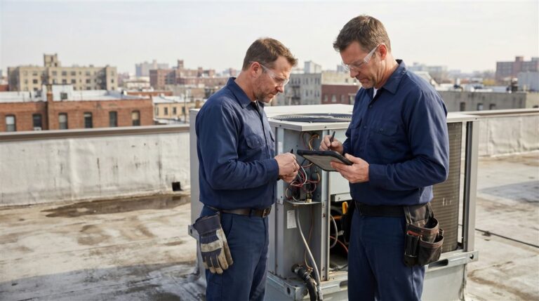 Commercial HVAC technician recording rooftop unit inspection findings on a tablet