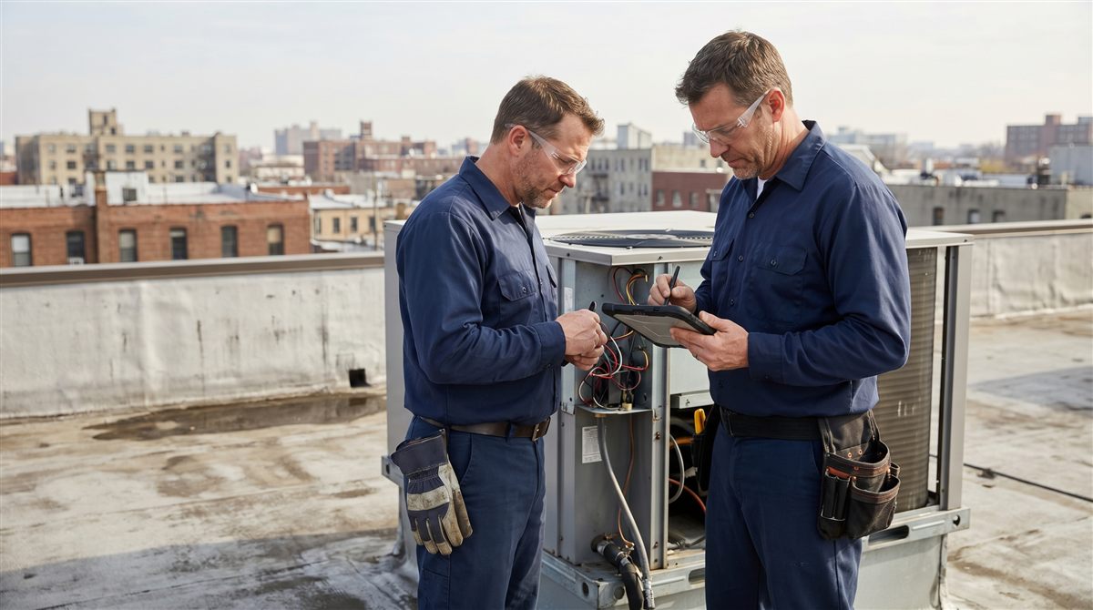 Commercial HVAC technician recording rooftop unit inspection findings on a tablet