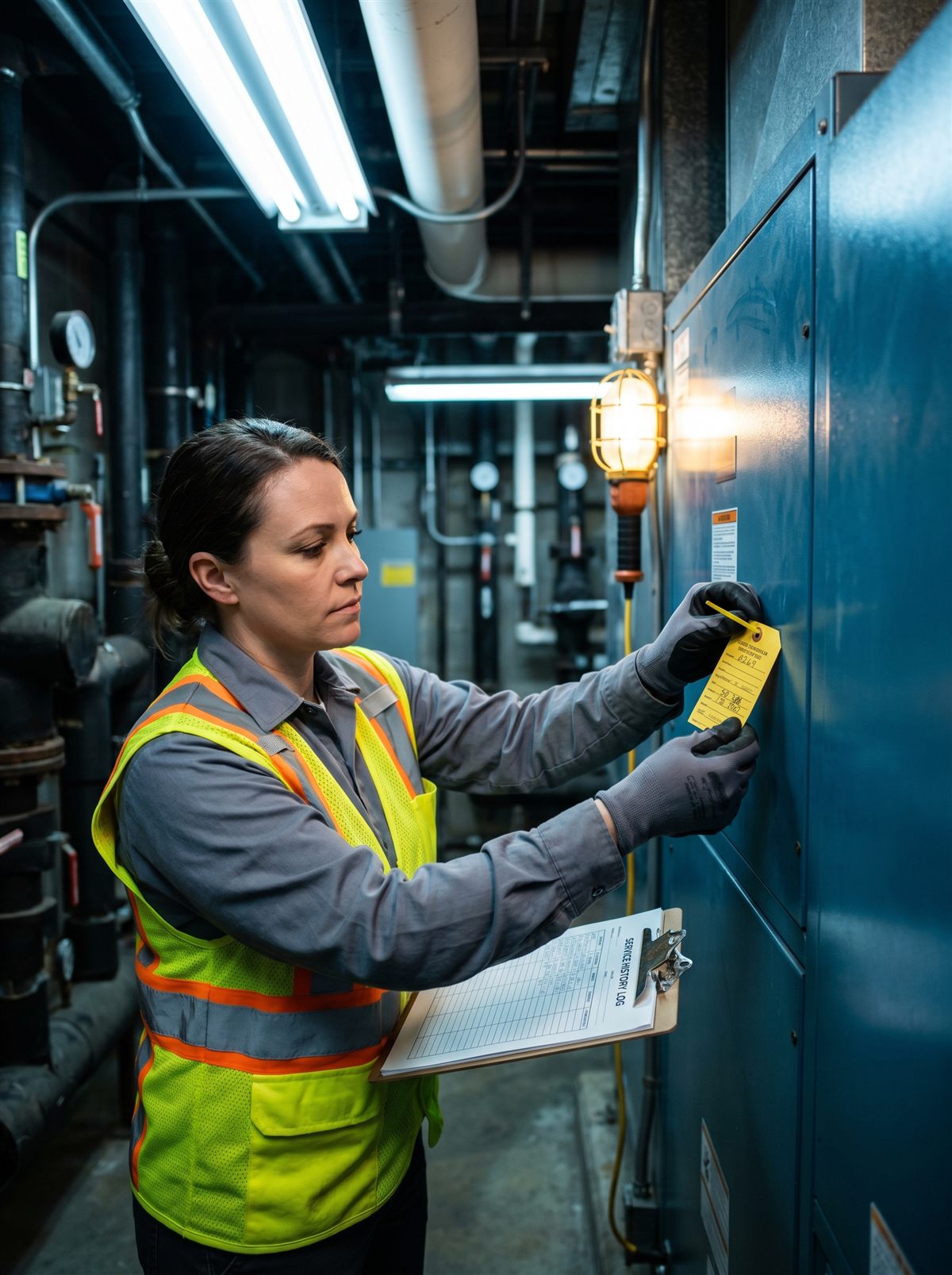 HVAC technician attaching a dated inspection tag to a commercial air handler while holding a service-history log