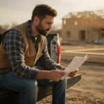 Contractor reviewing a printed job estimate at a work-truck tailgate on a jobsite at dusk