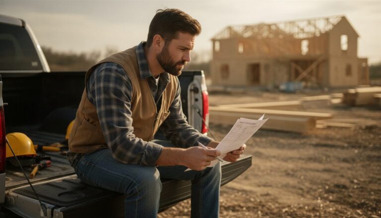 Contractor reviewing a printed job estimate at a work-truck tailgate on a jobsite at dusk