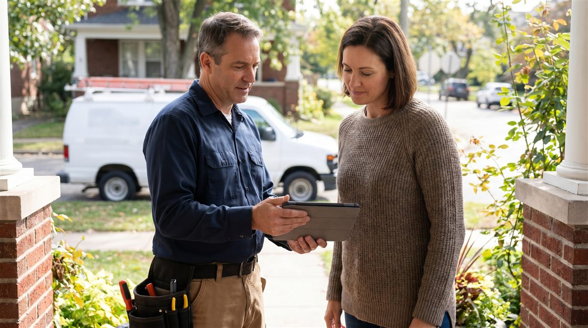 Plumber showing a flat-rate price quote on a tablet to a homeowner at the door