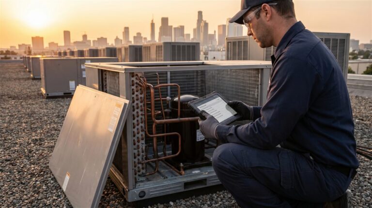 HVAC technician inspecting a commercial rooftop unit during a preventive maintenance round at golden hour