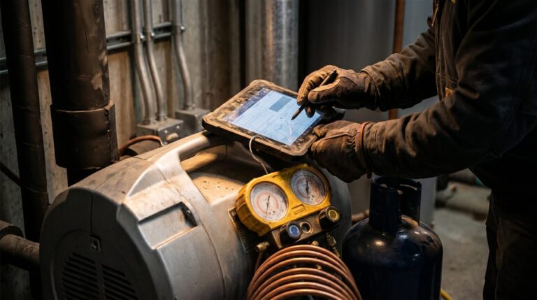 Technician logging refrigerant service data on a tablet beside a recovery machine and gauge manifold