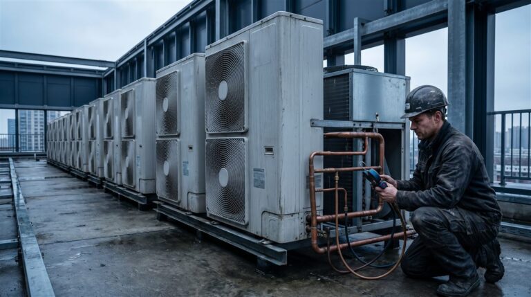 Technician servicing a bank of VRF condensing units on a commercial building rooftop