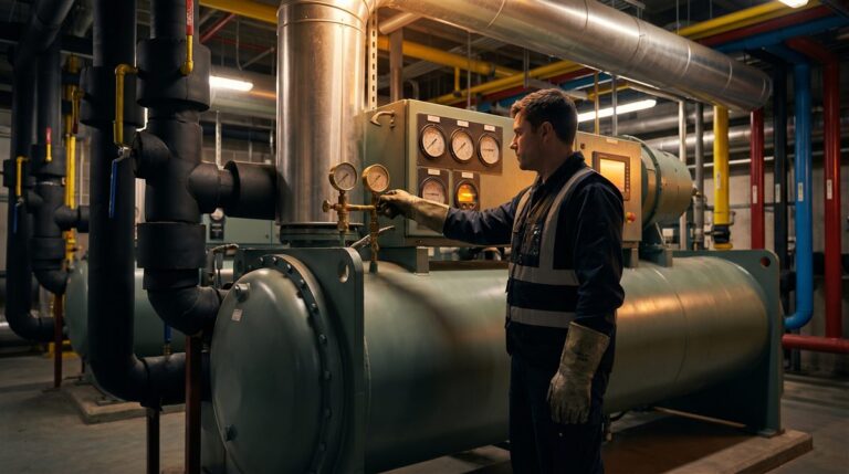 Technician checking a centrifugal chiller in a commercial building mechanical plant room