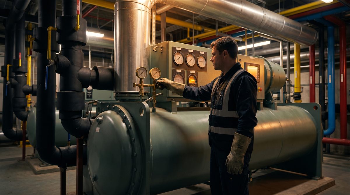 Technician checking a centrifugal chiller in a commercial building mechanical plant room