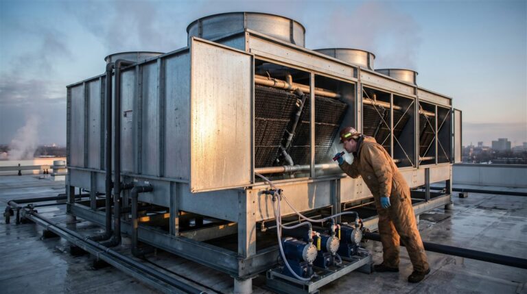 Technician inspecting a rooftop cooling tower as part of a water management program