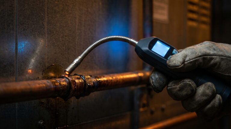 Gloved hand using an electronic leak detector along a copper refrigerant line
