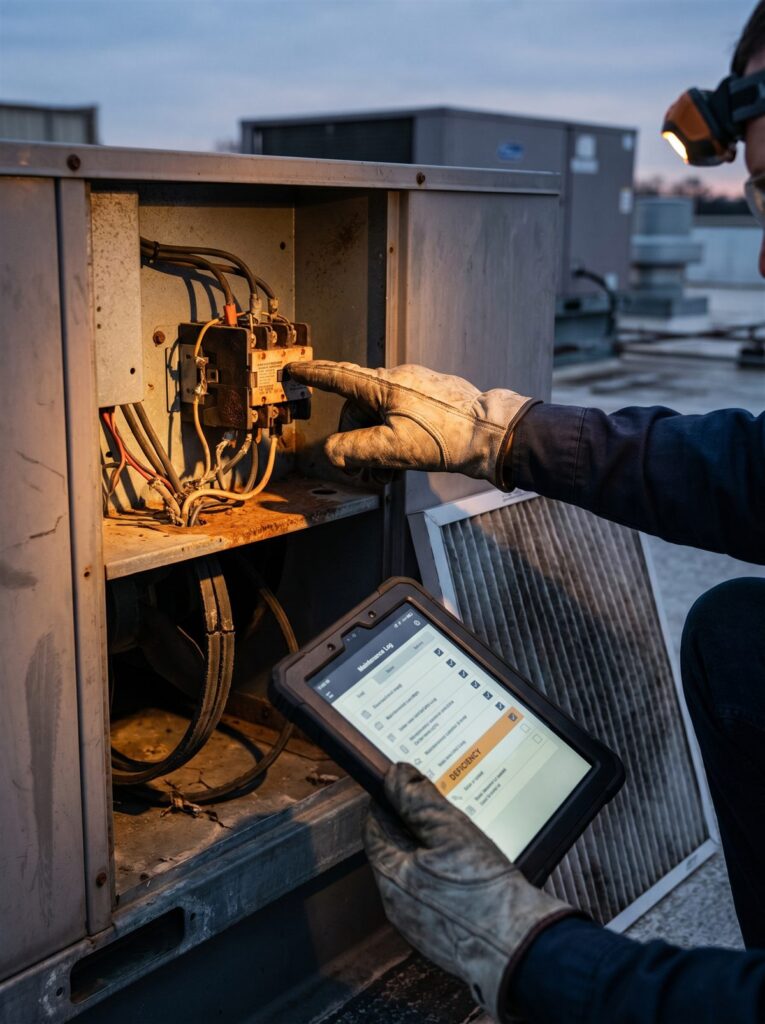 Technician documenting a deficiency at an open rooftop unit access panel during inspection