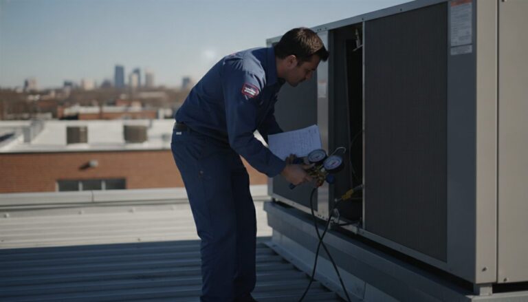 HVAC technician checking gauges on a rooftop condenser unit during a maintenance visit