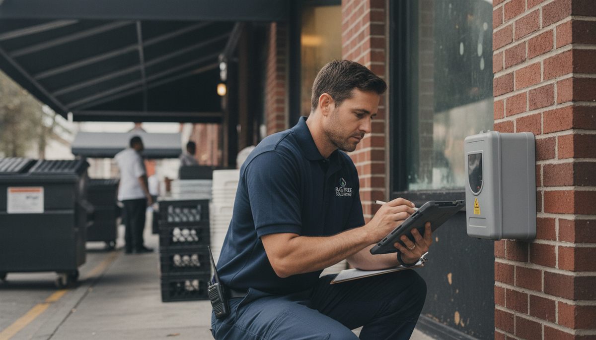 Pest control technician completing inspection documentation on a tablet beside a bait station at a commercial site
