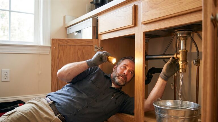 Plumber testing a new under-sink connection for leaks to keep the callback rate low