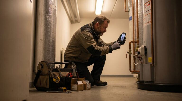 Plumber photographing a finished water-heater install for the job documentation file