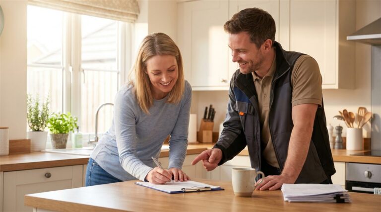Homeowner signing a plumbing maintenance agreement at the kitchen counter with a plumber