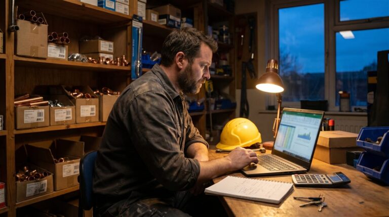 Plumbing business owner reviewing job numbers and metrics on a laptop at night