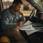 Contractor reviewing tax and payroll paperwork with a laptop in a truck cab