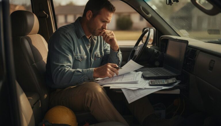 Contractor reviewing tax and payroll paperwork with a laptop in a truck cab