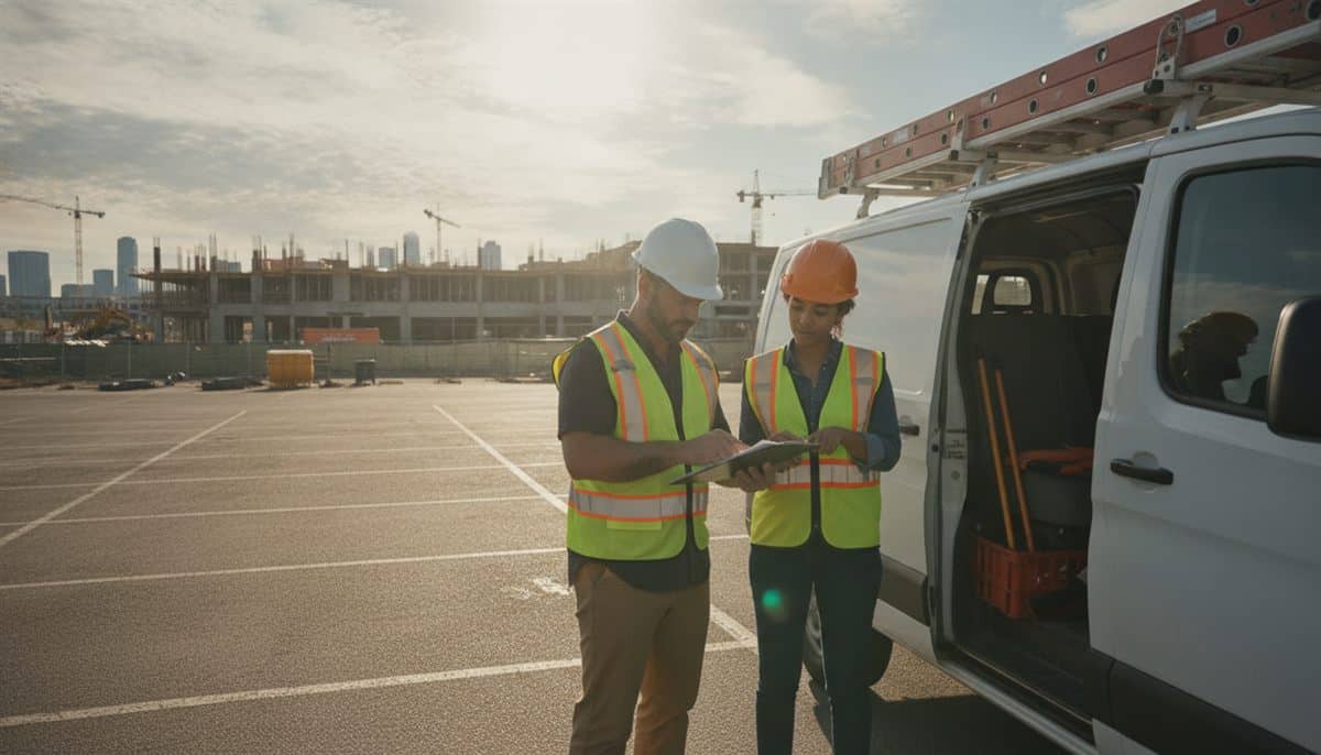 Contractor and helper reviewing 1099 and W-2 worker paperwork beside a white work van on a job site
