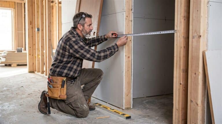 Contractor kneeling to measure the clear width of a framed door opening with a tape measure, the core check ADA compliance contractors run on renovation work