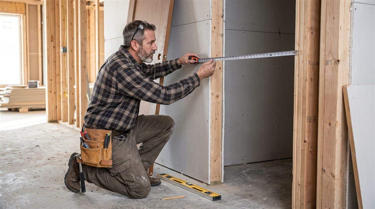 Contractor kneeling to measure the clear width of a framed door opening with a tape measure, the core check ADA compliance contractors run on renovation work