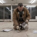Building inspector cutting a small sample from aged vinyl floor tile into a labelled bag, the survey step asbestos regulations contractors owe before any demolition