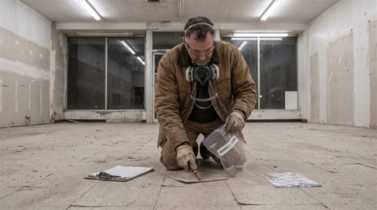 Building inspector cutting a small sample from aged vinyl floor tile into a labelled bag, the survey step asbestos regulations contractors owe before any demolition