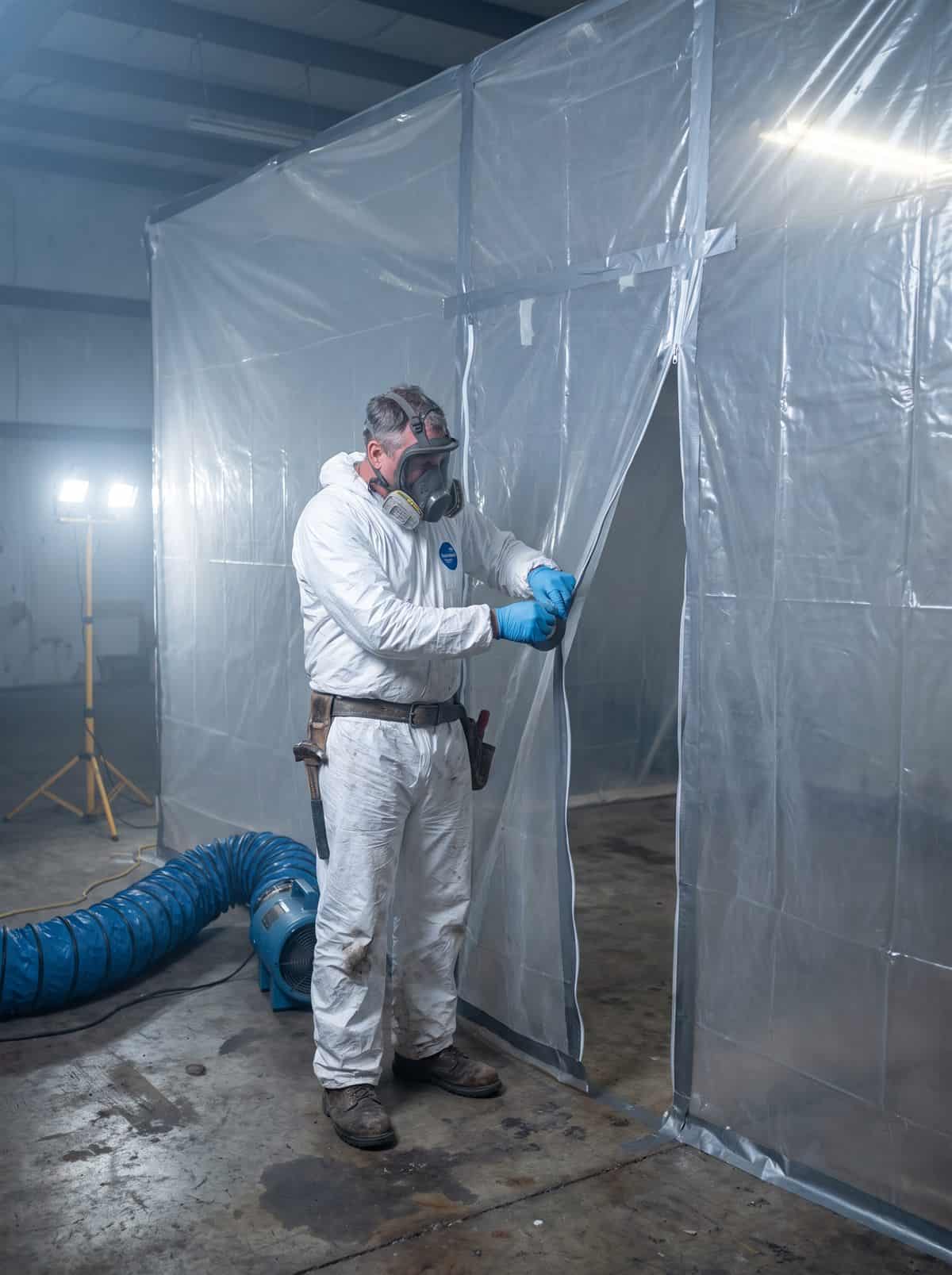 Worker in a disposable coverall and full-face respirator sealing the entry flap of a polyethylene asbestos containment enclosure