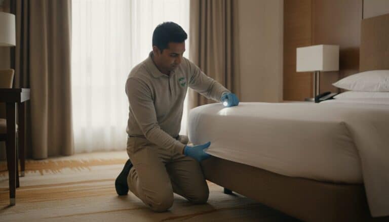 Pest control technician in gloves inspecting a hotel mattress seam with a flashlight