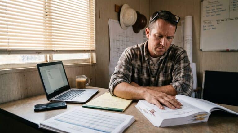 A contractor in a site trailer reviewing a bid package beside three years of financial statements, the paperwork the bonding requirements contractors face actually turn on.